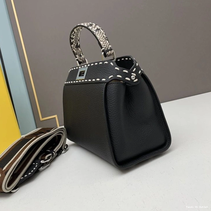 Vintage HOT Black Peekaboo In Iconic Calf Bag Mini Leather Stitching Fendi 0710